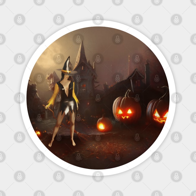 Witch and three pumpkins near the creepy house Magnet by AnnArtshock