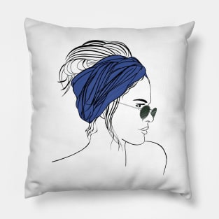 beautiful girl in a blue bandana and glasses Pillow