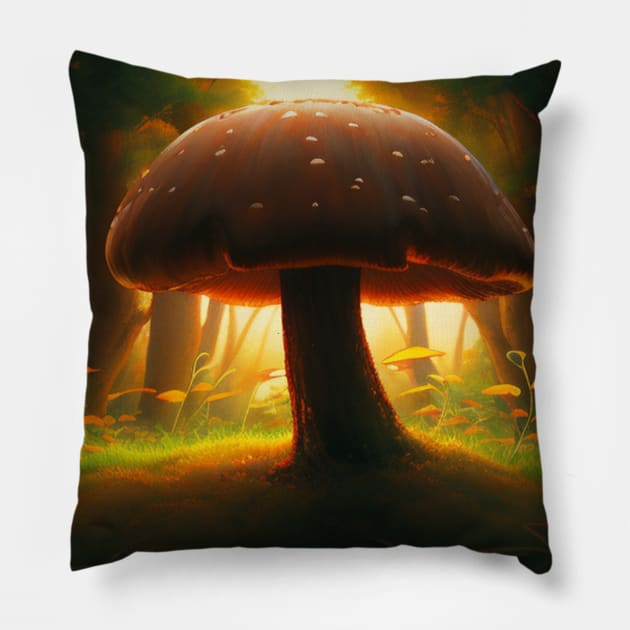 Closeup of Fantasy Mushroom on the Forest Floor - Brown Spotted Fungi Sticker Pillow by CursedContent