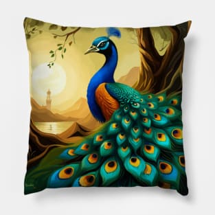 Peacock in a Nature Landscape Pillow