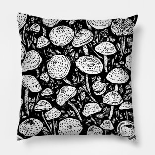 Black and White Mushroom Lino Print Pillow