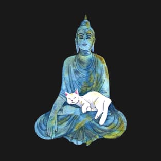 Blue Watercolor Buddha Statue with Sleeping White Cat T-Shirt