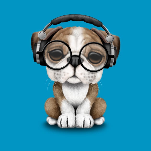 English Bulldog Puppy Dj Wearing Headphones and Glasses by jeffbartels