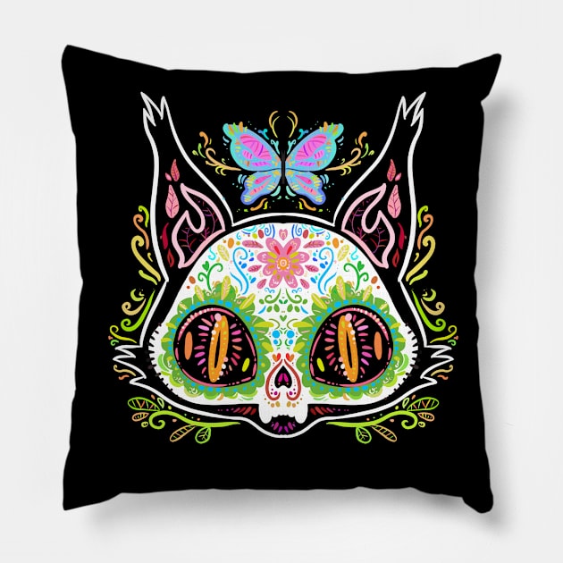 Sugar Skull Cat Pillow by Draw For Fun 