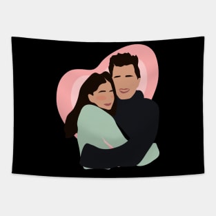 cute couple hugging with pink heart in backgorund, vector illustration, without face, Tapestry