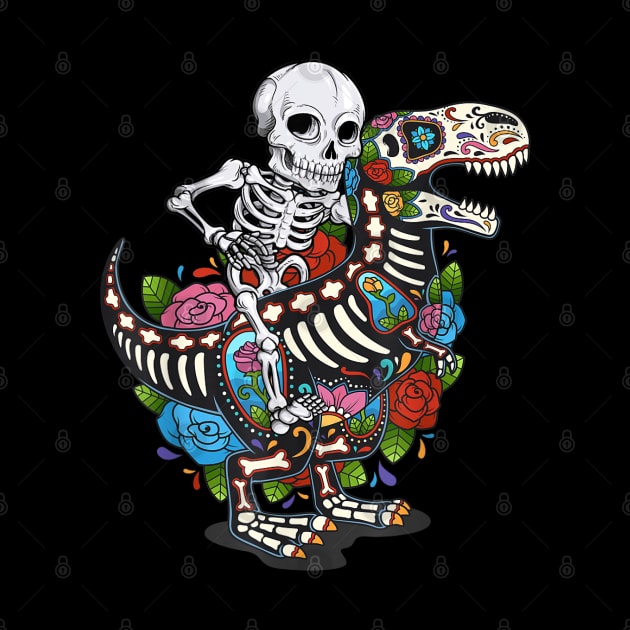 Skeleton Riding Dinosaur T rex dia de los muertos by HBart