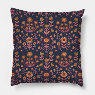 Arts and crafts Folk floral pattern by Cecca Designs - pink and Bordeaux on navy Pillow