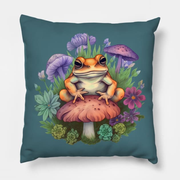 Cute Cottagecore Aesthetic Frog Mushroom Pillow by BaliChili