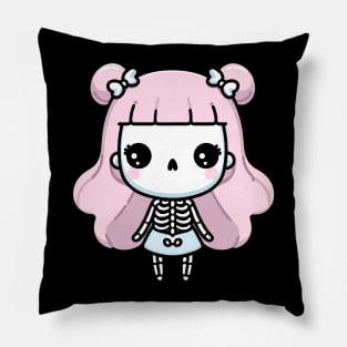 Cute Skeleton Girl In Kawaii Style and Long Hair | Cute Happy Halloween Design Pillow