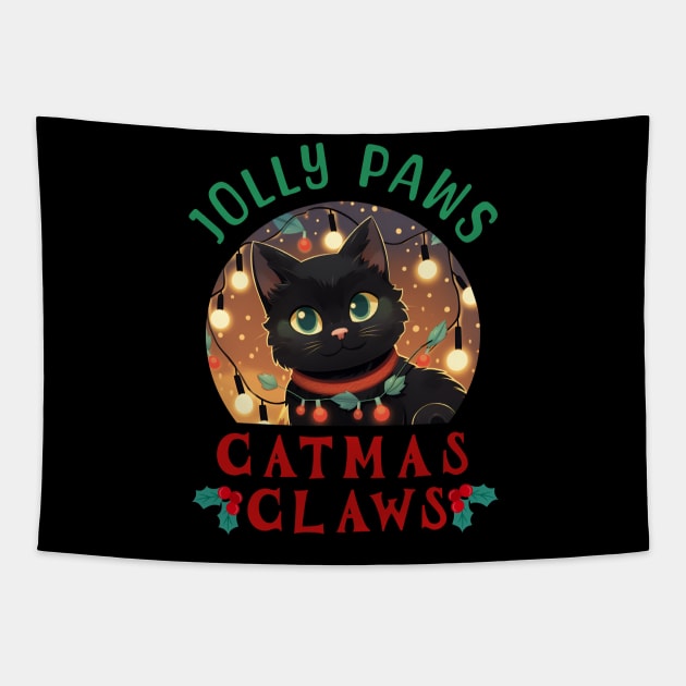 christmas light black cat ,jolly paws catmas claws Tapestry by legend