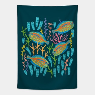 TROPICAL ZONE Coral Reef Fish Undersea Ocean Sea Creatures in Bright Colours on Dark Teal Blue - UnBlink Studio by Jackie Tahara Tapestry