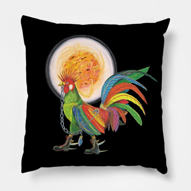 Punky Rooster at Sol Rise Pillow by AJ Leibengeist