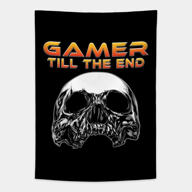 Gamer Till The End Front Skull Orange Tapestry by Shawnsonart