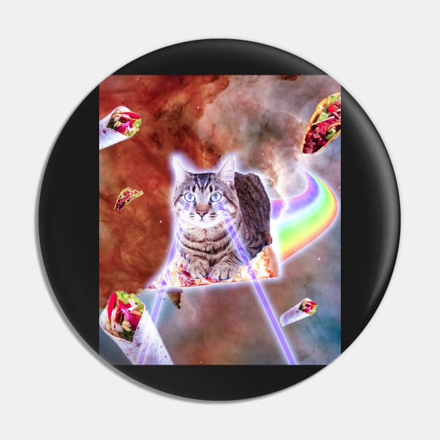 Laser Eyes Space Cat Riding Rainbow Pizza Pin by Random Galaxy