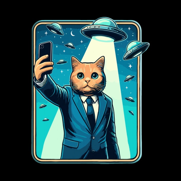 Funny Cat Selfie With UFOs Behind by KromADesign