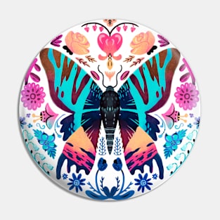 Madagascan Sunset Moth and Vibrant Flowers Pin