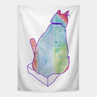 A colorful cat tries to sit in a little box Tapestry