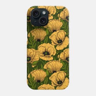 Yellow poppy garden on dark green Phone Case