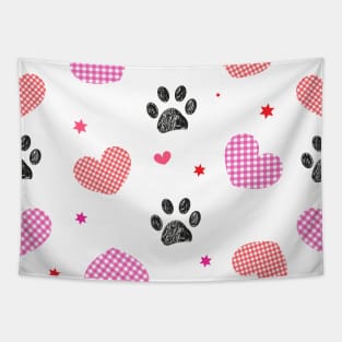 Plaid hearts with seamless black pattern with doodle paw prints Tapestry