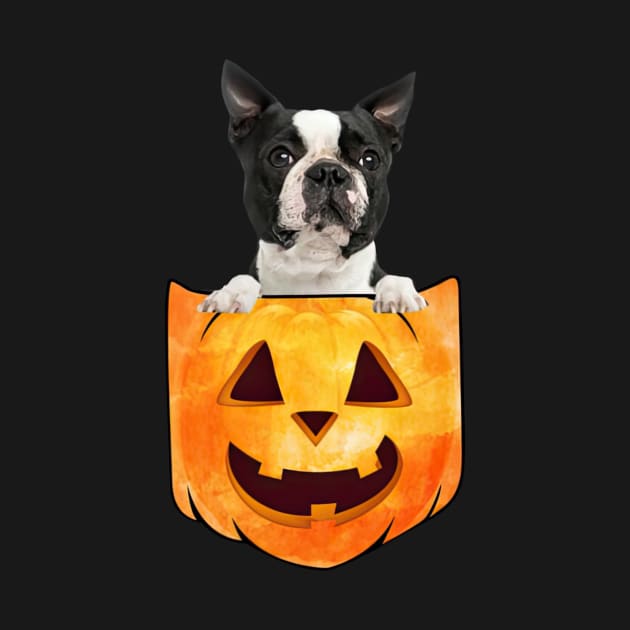 Black Boston Terrier Dog In Pumpkin Pocket Halloween by nakaahikithuy