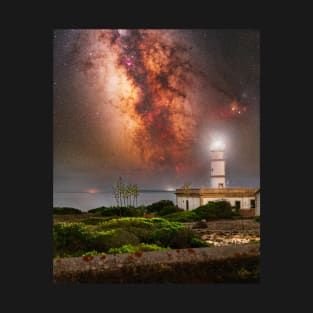 Lighthouse on the edge of Mallorca island with a magnificent Milky Way view T-Shirt