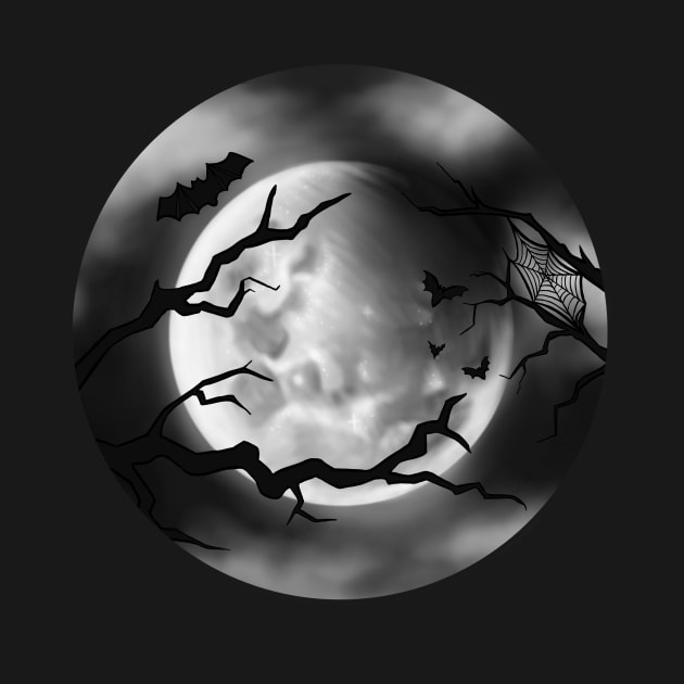 Spooky Full Moon with Bats and Branches Digital Illustration by AlmightyClaire