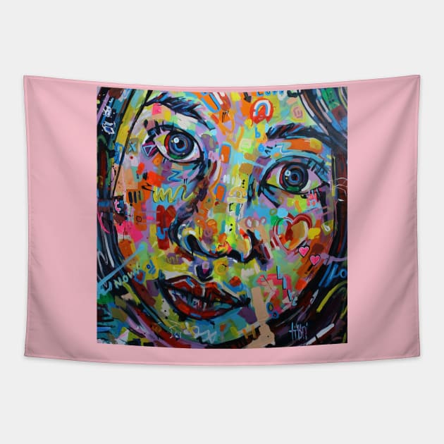 Little In Large Abstract Face Painting | Hidden Rainbow Face Portrait | Abstract Pop Surreal Tapestry by Tiger Picasso