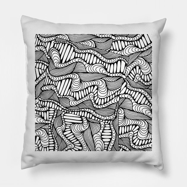 Black and White Zentangle Wavy Doodle Design Pillow by cherdoodles