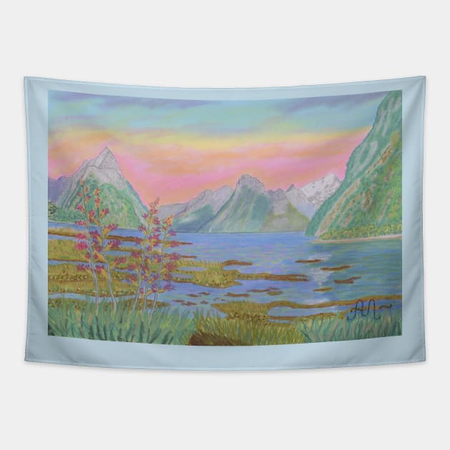 Colorful sunset in Milford Sound, New Zealand Tapestry by Anton Liachovic