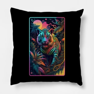 Abstract Tiger In Neon Jungle Pillow