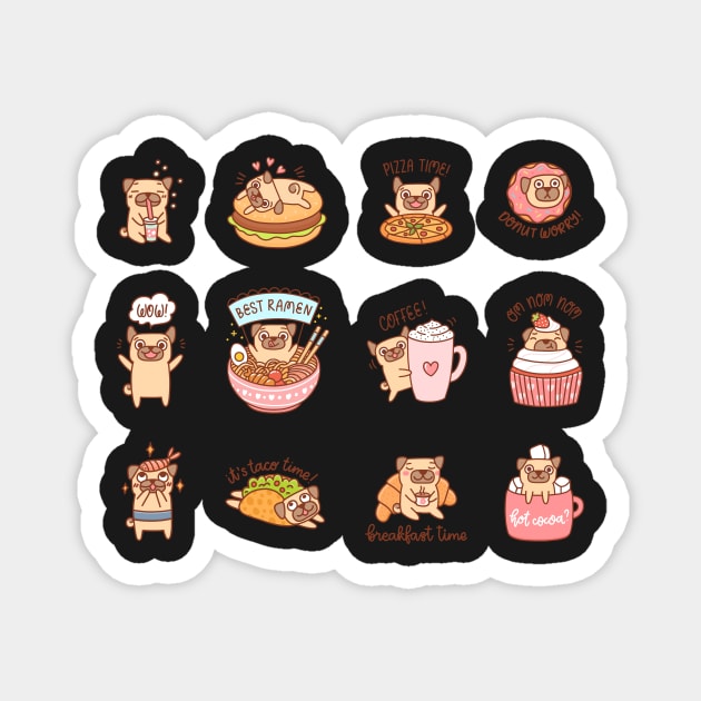 Cute dogs of Pug breed with different food Magnet by Viaire