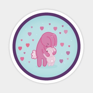 Thank you mum: a cute mummy rabbit cuddling her cute pink baby bunny rabbit Magnet