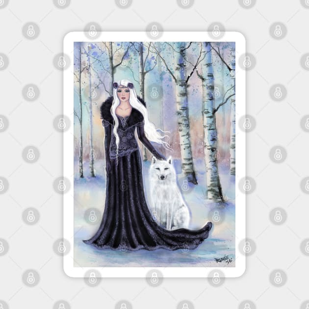 Winter goddess with white wolf by Renee Lavoie Magnet by ReneeLLavoie