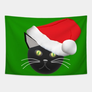 Christmas Kitty Cat Wearing a Santa Hat (Green Background) Tapestry