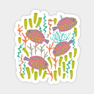 TROPICAL ZONE Coral Reef Fish Undersea Ocean Sea Creatures in Pink Purple Yellow Orange on Green - UnBlink Studio by Jackie Tahara Magnet