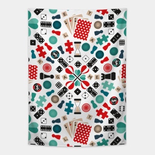 Wanna play? // pattern // white background teal red mint brown black and white game pieces Tapestry