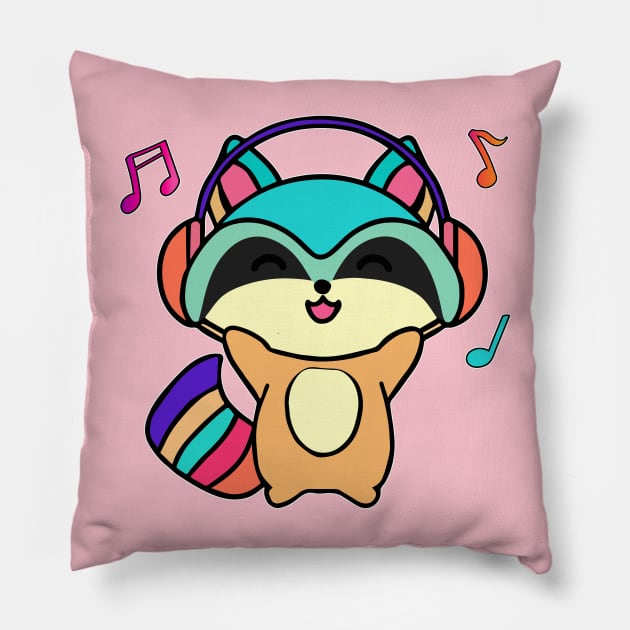 Happy smiling baby raccoon with headphones. Kawaii cartoon Pillow by SPJE Illustration Photography