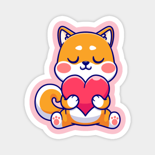 Cute Shiba Inu Dog Holding Love Heart Cartoon Magnet