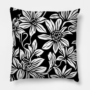 Black and White Floral Lino Print Pillow