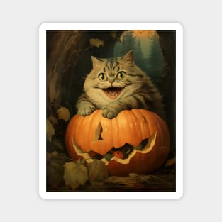 Retro Vintage: Chubby Cat and Pumpkin - Whimsical Autumn Halloween Delight Magnet