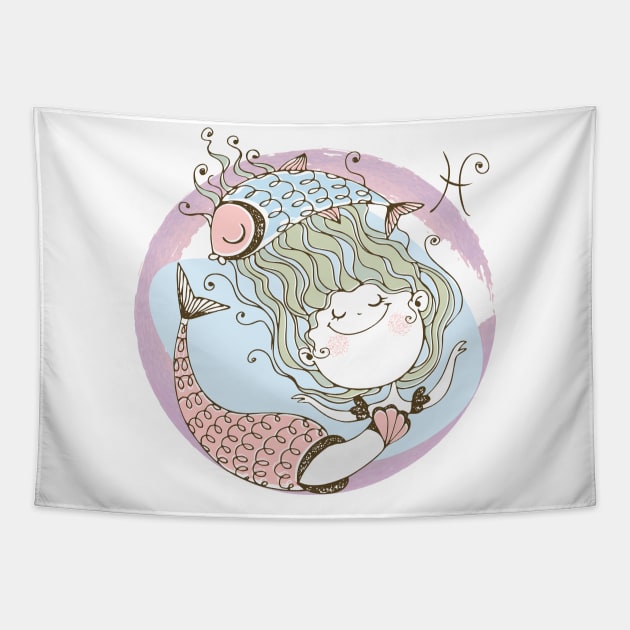 Zodiac Pisces Cute Kid Design Horoscope Gift Tapestry by The Little Store Of Magic