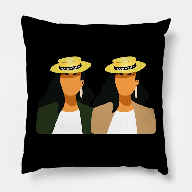 Madeira Island female couple no face illustration using the traditional straw hat Pillow by Donaby