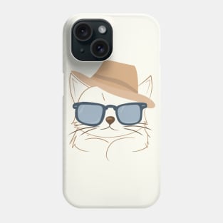 Chic Cat in Brown Hat and Blue Shades - Minimalistic Cat Art Phone Case