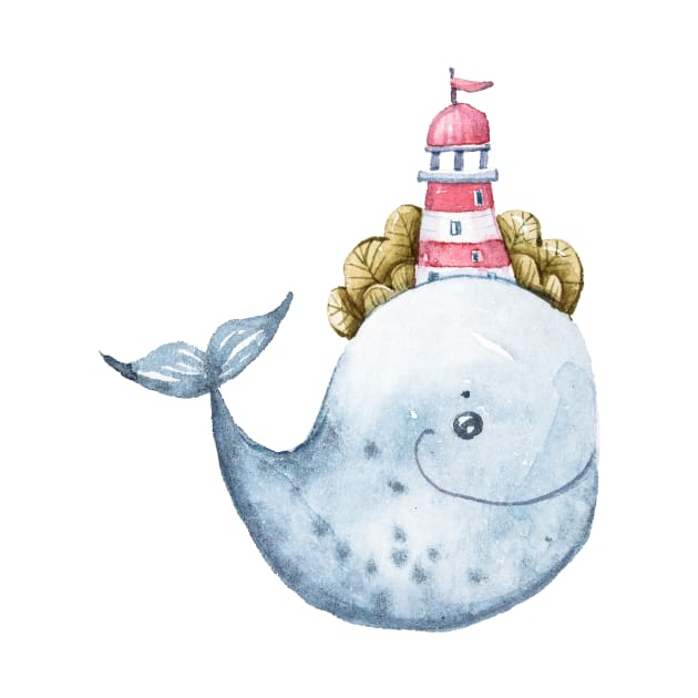 Watercolor whale with lighthouse painting by tiana geo