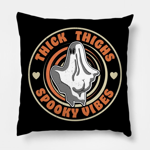 Thick Thighs Spooky Vibes Funny Halloween Ghost Pastel Goth Pillow by OrangeMonkeyArt