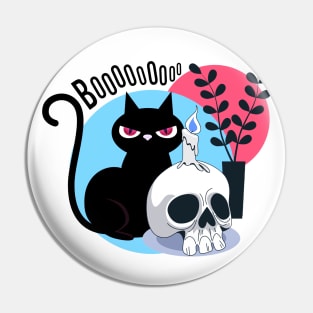 Scary Black Cat With Skull Pin