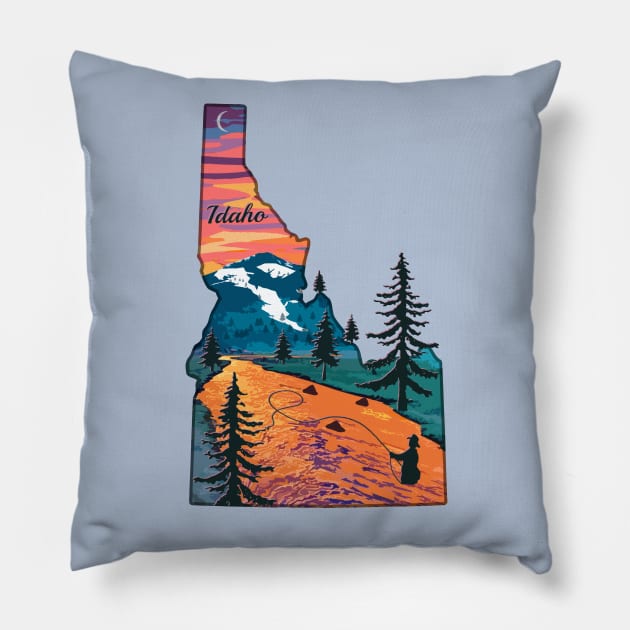 Fly Fishing Idaho State Map Mountain Sunset River Retro Pillow by TeeCreations