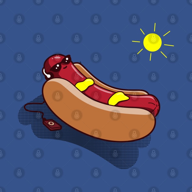 Chilling Cute Funny Hotdog Sunbathing Summer Beach Cartoon by BoggsNicolas