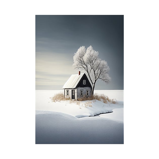 Minimalist Winter Landscape Isolated Cottage Snow Covered Tree by Abili-Tees