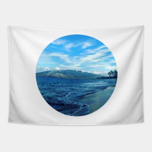 Blue Ocean Summer Beach Waves With Green Mountains And Palm Trees At The Back Under The Clear Blue Sky Tapestry